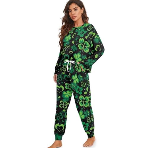 Image of Womens Lounge Set Long Sleeve Soft Pajama Sets Casual 2 Piece Pj Outfit Crewneck Sleepwear with Pockets Plus Size