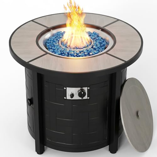TLGREEN Propane Fire Pit Table 30 Inch Round 50 000 BTU Outdoor Fire Pit with Lid Converts to Patio Coffee Table Certified Includes Waterproof Cover & Blue Fire Glass(Grey)