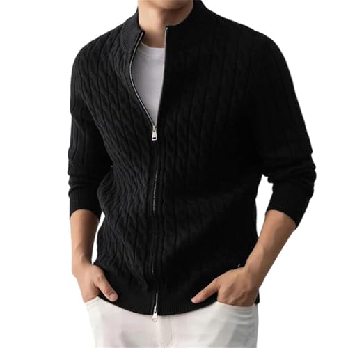 Men's Woolen Cardigan Stand Neck Long Sleeve Zipper Sweater Twisted Warm Knit Jumper