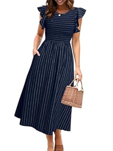 Simplee Gestreiftes Midi-Sommerkleid für Damen, Leinen, gesmokt, Flatter, kurze Ärmel, fließendes Freizeitkleid mit Taschen, Marineblau, X-Groß