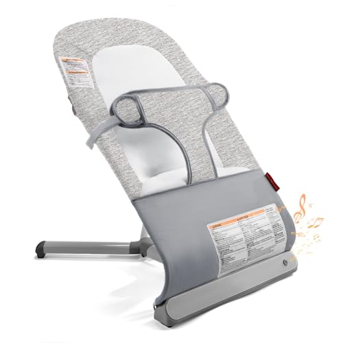 Image of Tiny Marvels Baby Bouncer – Baby Bouncer seat, Infants Bouncy Seat with Music, Compact & Foldable, Machine Washable Seat Pad, Ideal for Newborns 0-9 Months, Max Weight 19.8lbs (Grey)