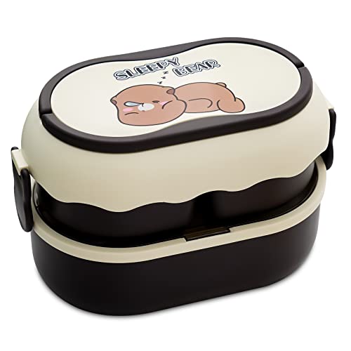 Puoenfgr Bento Lunch Box,Large Capacity Double Layer Stacking With Handle With Adults,Microwave Can Be Used,Comes With Three-Piece Cutlery Set,Bpa-Free,Great For Camping,Work(Moe Force Brown) #TOP3