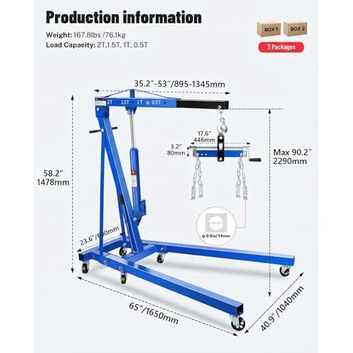 Garvee 2 Ton Engine Hoist Cherry Picker with Lever, 4400 Lbs Capacity with 6 Steel Casters & Foldable Design - Heavy-Duty Portable Hydraulic Crane for Truck Engines, Boat Motors, Farm Equipm
