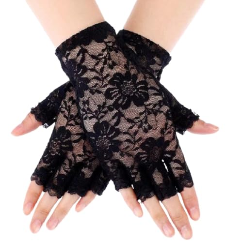 Amazleer Short Floral Lace Fingerless Gloves Costume Bridal Gloves for Women, Wedding, Opera, Tea Party (Black, onesize)