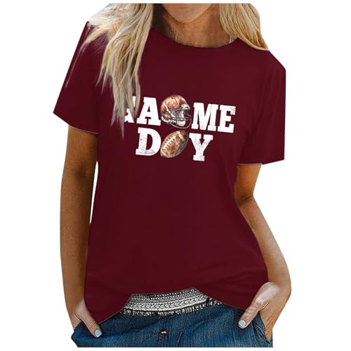 Camiseta de manga corta con cuello redondo para mujer con estampado de letras de rugby Túnica Moda italiana, Vino, S