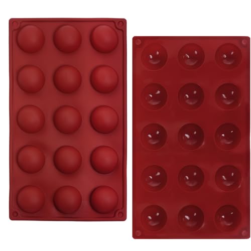 2Pcs 15-Cavity Semi Sphere Silicone Molds, Baking Supplies for Making Chocolates Jelly Candy Cake Gummy Meatball Truffle (Brick Red)