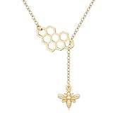 MANZHEN Geometric Bee Hive with Honey Bee Lariat Y Necklace (Gold)