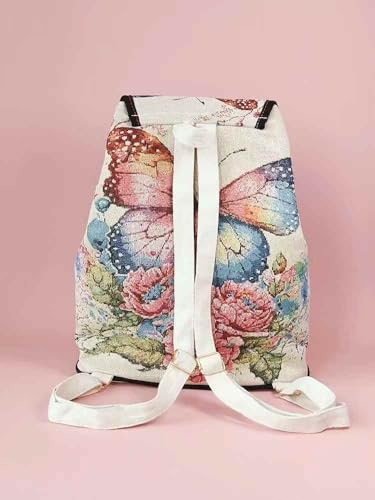 Butterfly Floral Canvas Backpack, White with Pink and Blue Print, Adjustable Straps2