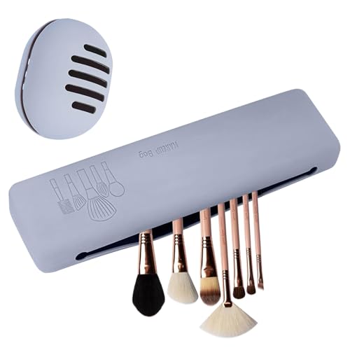 Soporte Brochas Maquillaje de Viaje, 2 Piezas Organizador de Brochas de Maquillaje Organiza de Silicona Bolsa de Cepillos Cosméticos con Estuche de Esponja de Maquillaje (Gray)
