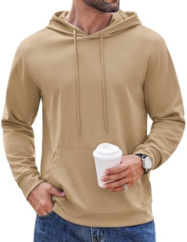 COOFANDY Men's Casual Hoodie Pullover Fashion Hip Hop Long Sleeve Drawstring Knit Hooded Sweatshirts Sport Gym Hooded Khaki
