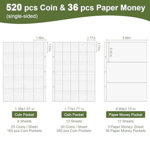 Coin Collection Book Holder for Collectors, 520 Pockets Fireproof Coins Collecting Album & 36 Sleeves Money Storage Case for Coin Currency Collection Supplies, Bill, Pennies, Quarters, Stamp-Green by TAEYONK - Image 6