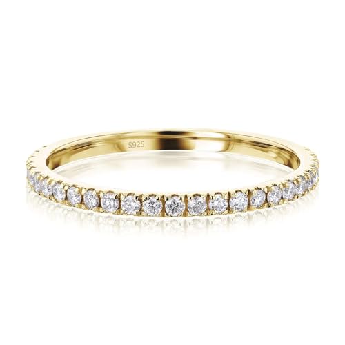 VISDIV 2mm 925 Sterling Silver Rings Gold Engagement Wedding Band Eternity Cubic Zirconia Simulated Diamond Stackable Ring Oura for Women (Gold, 8)