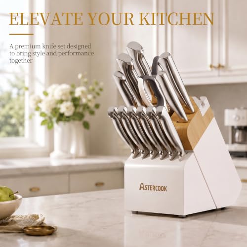 Image of Astercook Knife Set for Kitchen with Block Sharpener 14Pcs Dishwasher Safe | Full Tang Stainless Steel Knives and Anti-Slip Ergonomic Handle Utensils Set
