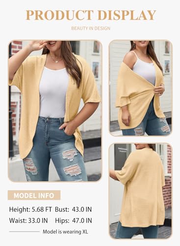 Eytino Women Plus Size Summer Cardigan Short Sleeve Kimono Coverups Loose Casual Open Front Cardigans for Beachwear,5X Apricot - Thumbnail 3