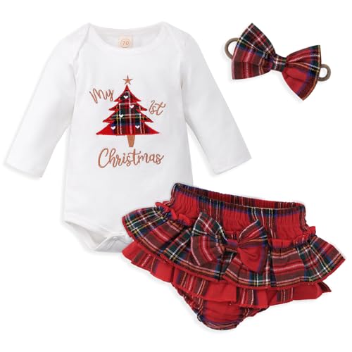 Cemion Baby Girl Christmas Outfits Embroidery 1st Letter Romper+Tutu Bloomer Shorts+Headband Newborn First Holiday Baby Outfit Set 3-6 Months