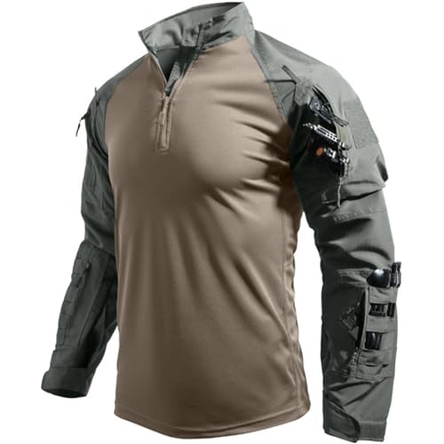 Men's Tactical Shirts Military Combat Shirt，1/4 Zipper Long Sleeve with Elbow Pads Top for Outdoor Paintball Airsoft Green XL