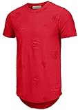 KLIEGOU Mens Hipster Hip Hop Ripped Round Hemline Hole T Shirt(1705) (Large, Red)