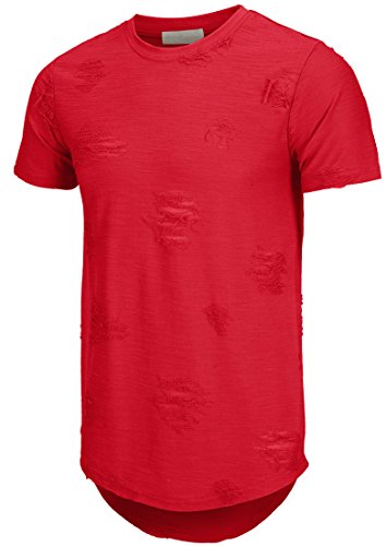 KLIEGOU Mens Hipster Hip Hop Ripped Round Hemline Hole T Shirt(1705) (Large, Red)