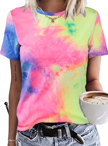 Remidoo Womens Tie Dye Short Sleeve Top Crewneck Summer Loose Fit T Shirt Tee Multicolor Small