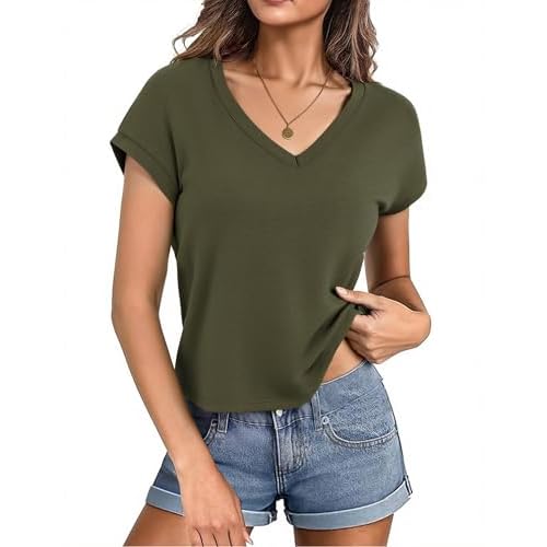 Totatuit Women Cropped T-Shirts Cap Sleeve V Neck Loose Fit Summer Tee Shirts Casual Plain Tops 2026 Trendy Clothes Army Green XX-Large