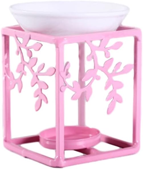 Iron Ceramic Aroma Candle Holders European Style Hollow Carved Burner with Wax Tray Household Decoration (Color : White) (Pink)