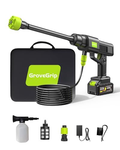GroveGrip Cordless Pressure Washer with 1X4000mAh Batteries 870 PSI Portable Power Cleaner with 10-Level Adjustable Pressure & 6-in-1 Nozzle for Cars Patios & Tap-Free Garden Watering