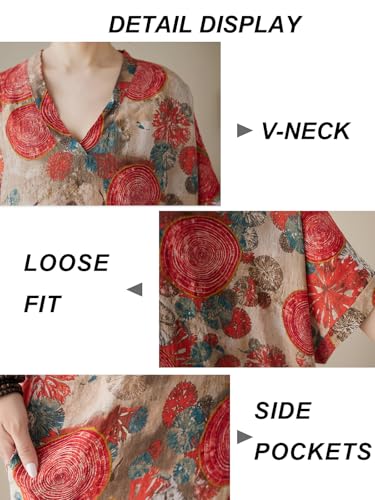 Image of Plus Size Summer Dress Printed V Neck Casual Loose Long Dresses with Pockets