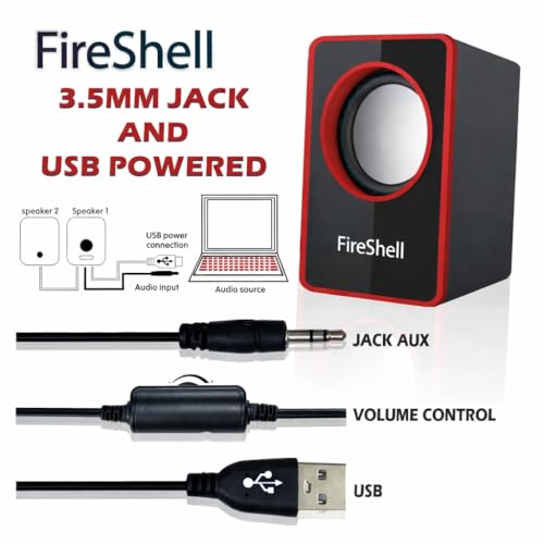 Image of Fireshell USB Powered Computer Speakers 6W Stereo Sound with Multicolor LED Lights, AUX Input & Volume Control Pod for PC, Laptop & Desktop (Red)