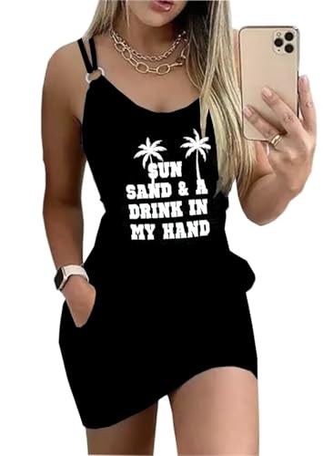 Image of Live Simple Coconut Tree Color Block Mini Dress for Women Summer Beach Vacation Tank Dresses Sleeveless Short Dress
