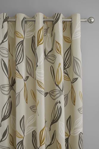 Fusion Ensley Grey & Ochre Leaf Curtains - 2 Panels, 66"x54" (168x137cm) - 100% Cotton, Yellow Eyelet - Thermal and lined for Bedroom/Living room