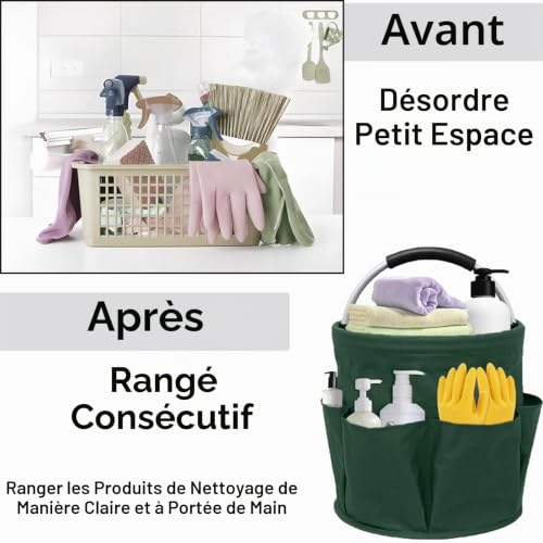 Organisateur de Produits de Nettoyage, Pliable Sac à Outils de Nettoyage avec Poignée et 6 Compartiments, Organiseur de Nettoyage Multi Poches, Panier Rangement Produit D'entretien, pour Jardin, Vert – vue 3