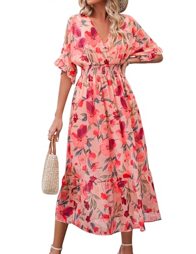 Women's Spring Summer 2025 Floral Midi Dress A Line Chiffon Boho Casual Short Sleeve Long Beach Dresses