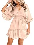 Aoysky Womens V Neck Casual Dresses Summer Loose High Waist Ruffle Pleated Cute Mini Short Dress Beige