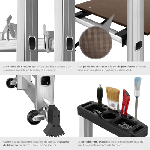Miniatura 4 de Tectake Escalera Plegable Aluminio, Escalera Telescópica Multiusos 4 En 1: Escalera Extensible, Escalera De Tijera, Andamio Simple, Andamio Para Desniveles, Con Ruedas, Estable, Carga Max. 150 Kg