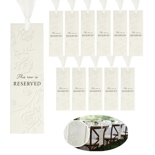12 Pack Wedding Reserved Signs for Church Pews with Ribbons for Chairs 800gsm Thick Hand-Embossed Rose Cardstock Elegant Decor for VIP Guests Family & Table Settings at Outdoor Garden Ceremony