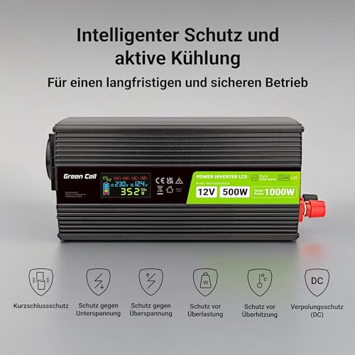 Green Cell Przetwornica napięcia LCD 500 W/1000 W 12 V do 230 V Czysty konwerter napięcia sinusoidalnego PowerInverter DC AC Karawana przetwornica napięcia sinusoidalnego