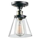 Globe Electric 65380 Jackson 1-Light Flush Mount Ceiling Light, Dark Bronze, Satin Finish, Antique Brass Accents, Clear Glass Shade