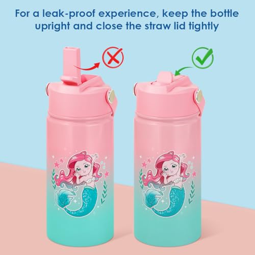 Image of SANDJEST Kid Water Bottle 12oz with Straw Lid - 2-Pack Insulated Stainless Steel Water Bottles for Kids Girls - Travel Cup for School Sports, Unicorn & Mermaid
