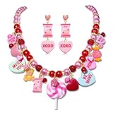 CEALXHENY Valentine’s Day Necklace Earrings for Women LOVE XOXO Conversation Heart Choker Necklace Pink Chunky Link Chain Necklace Valentine’s Day Outfits Jewelry Gifts Party Favors (Style C)