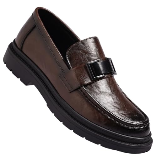 Men's British Korean Style Slip On Loafers Business Casual Leather Shoes Round Toe Handmade Wrinkled Texture Trendy Oxfords(Brown,6.5)