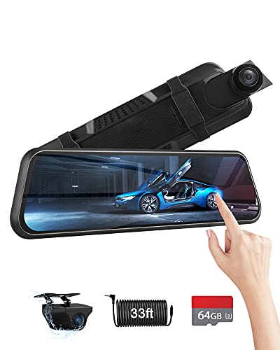 4K Mirror Dash Cam Front and Rear View Mirror Backup Camera 10'' IPS Full Touch Screen 1080P Reverse Camera Enhanced Night Vision for Cars with Parking Assist/Monitor, Free 64GB Card ＆ 33ft Cable