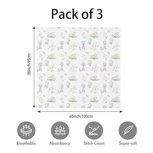 Image of Muslin Swaddle Blankets for Newborn, 3 Pack Breathable Soft Receiving Blanket, Large 38 x 40 inches Swaddle Wrap Burping Clothes Diapers, Essentials Infant Shower Items, Toddler Gift (Cute Country)