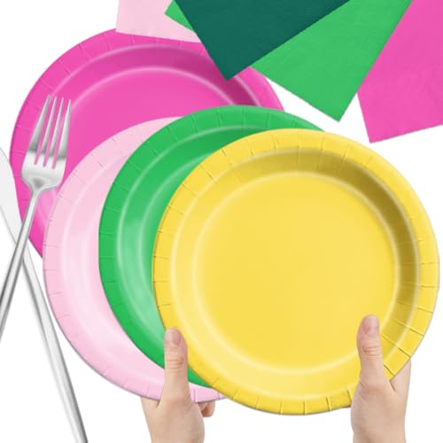 Image of CMUSKO Flamingo Party Decorations - 60pcs Hot Pink Dark Green Plates and Napkins Set Summer Hawaiian Tropical Tableware for Birthday,Bachelorette Party