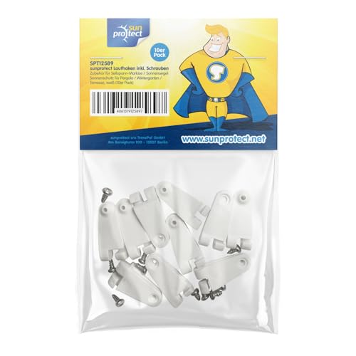 sunprotect 12589 Laufhaken inkl. Schrauben, Zubehör für Seilspann-Markise/Sonnensegel/Sonnenschutz für Pergola Wintergarten Terrasse, weiß (10er Pack)