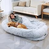 Human Dog Bed, 71''x45''x12'' Size Fits Adult and Pet Washable Giant People DogBed 10 CM Thick Memory Foam Large Oversize Dog Bed with Plump Pillow, Blanket, Strap - Grey