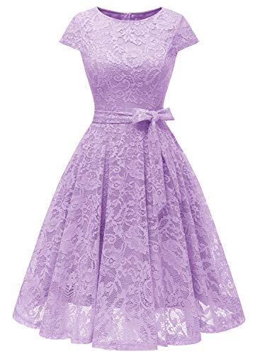 MUADRESS 6008 Women Short Lace Bridesmaid Dresses with Cap-Sleeve Formal Party Dresses Lavender Large