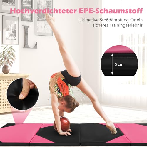 COSTWAY 300 x 120 cm Turnmatte klappbar, Weichbodenmatte Dicke 5cm, Sportmatte mit Klettverschlüssen & Tragegriffen, Gymnastikmatte für Zuhause, Trainingsmatte Yogamatte (Rosa + schwarz)