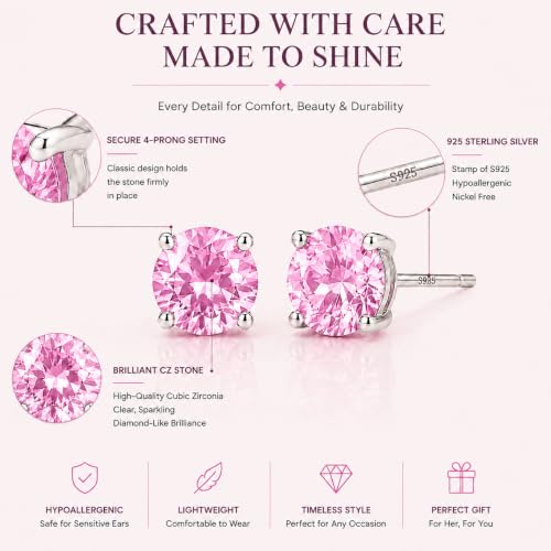 925 Sterling Silver Pink CZ Stud Earrings for Women Birthstone Jewelry - image 4