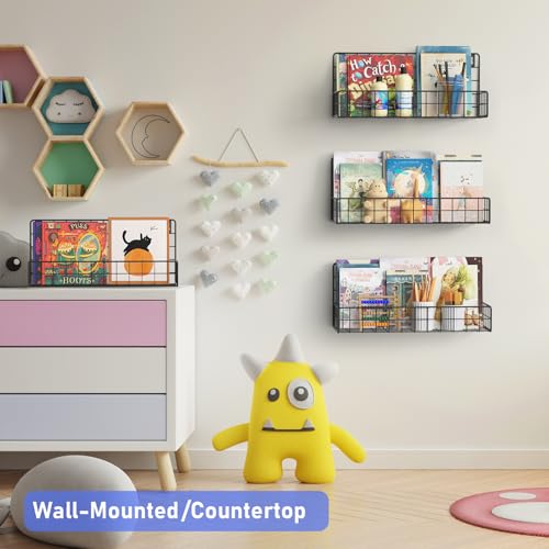Image of MFTEK Wall Mounted Metal Kids Bookshelf - Wall Book Shelf for Kids Rooms, Hanging Book Shelves Organizer for Room Decor, Nursery Classroom Home Floating Bookshelves Gloss Black 4 Pack