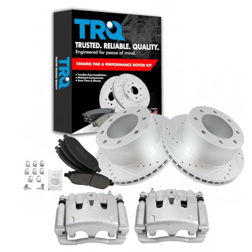 Image of TRQ Rear Performance Brake Pad, Caliper, & Rotor Kit Ceramic Vented Premium G-Coated Compatible with 2005-2007 Ford F-250 Super Duty F-350 Super Duty